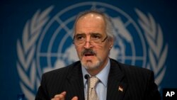 Syrian Ambassador to the United Nations, Bashar Ja'afari, speaks during a press conference during the Syrian peace talks in Montreux, Switzerland, Jan. 22, 2014. 