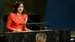 FILE - Maldives Foreign Minister Dunya Maumoon addresses the 70th session of the United Nations General Assembly at U.N. headquarters in New York, Oct. 3, 2015.