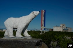 A polar bear statue stands near a road, Saturday, Aug. 3, 2024, in Churchill, Manitoba. (AP Photo/Joshua A. Bickel)