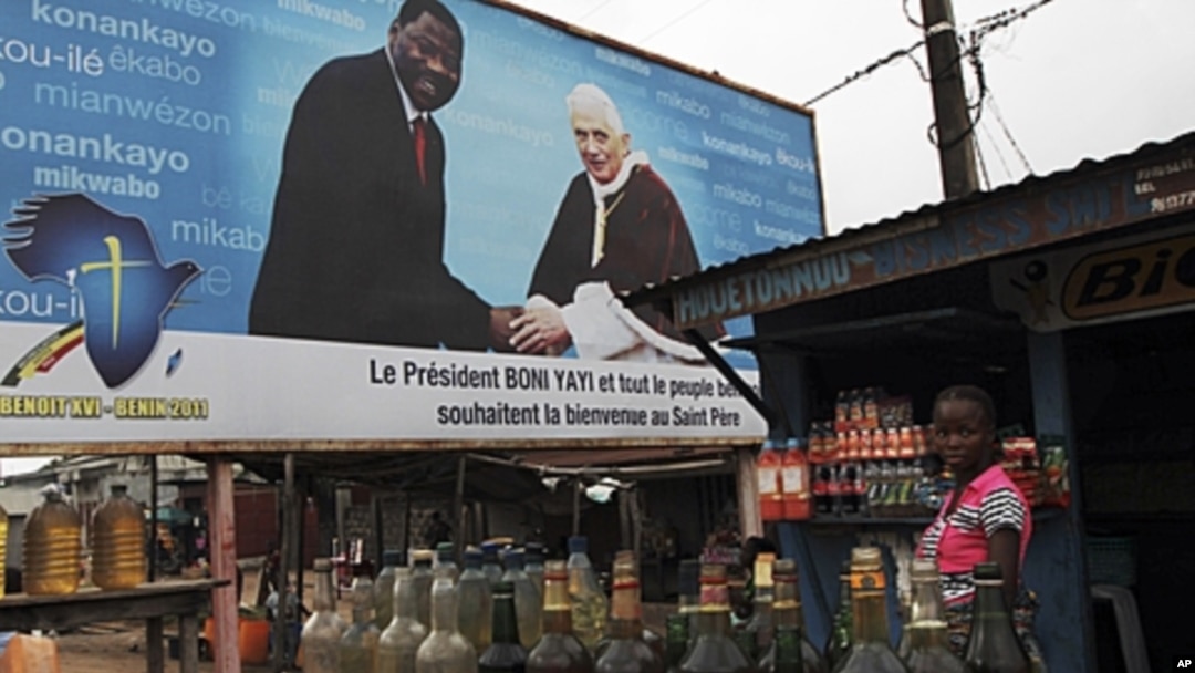 Billboard announces Papal visit to Benin's largest city, Cotonou, Nov. 16, 2011.