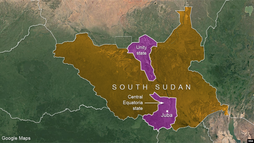 Negara bagian Central Equatoria dan Unity di Sudan Selatan. 