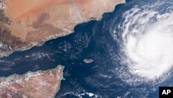 This satellite image captured by NOAA on Saturday, Oct. 30, 2015 shows Tropical Cyclone Chapala, it nears the Arabian peninsula. Chapala is expected to make landfall over eastern Yemen between the late evening hours of Monday and early Tuesday.