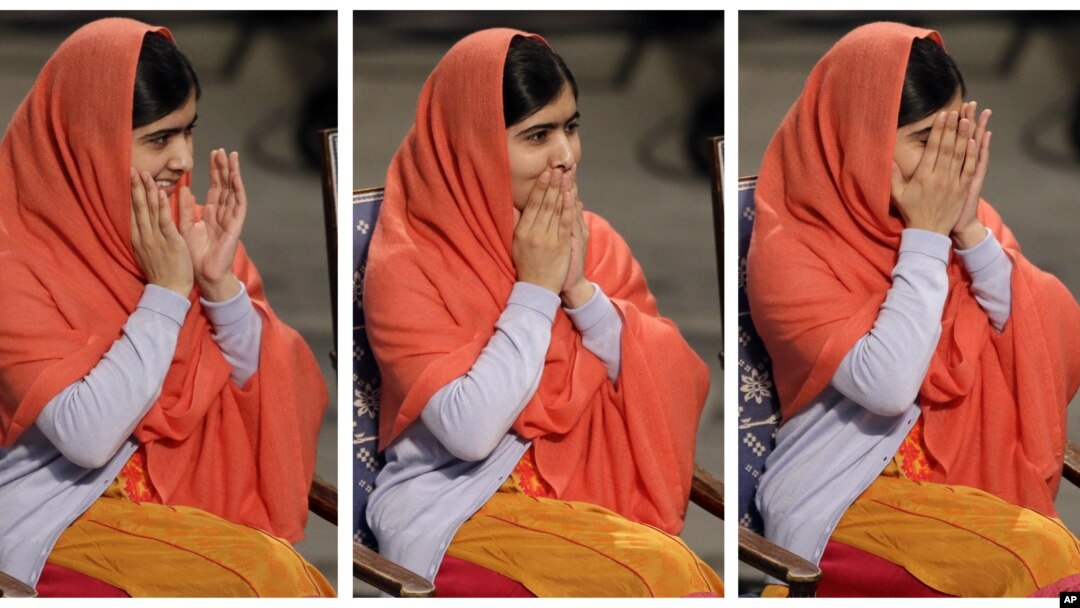 Reaksi pemenang Hadiah Nobel Perdamaian Malala Yousafzai dari Pakistan pada saat upacara pemberian penghargaan di Oslo, Norwegia, 10 Desember 2014. (Foto:Dok) 