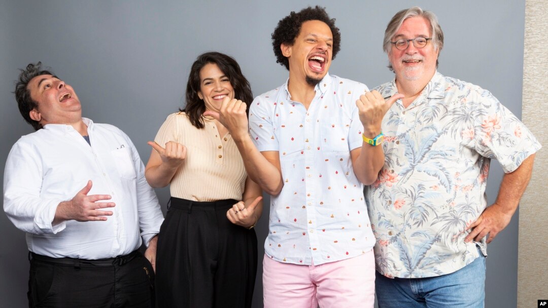 Matt Groening, at right, and from left, Josh Weinstein, Abbi Jacobson and Eric Andre, cast members of the Netflix series "Disenchantment," pose for a photo during the Netflix portrait session at Television Critics Association Summer Press Tour at The Beverly Hilton hotel in Beverly Hills, Calif., July 29, 2018.