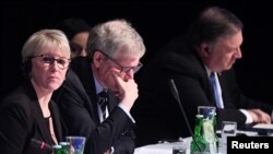 Sweden's Foreign Minister Margot Wallstrom looks on during the Arctic Council summit at the Lappi Areena in Rovaniemi, Finland, May 7, 2019.