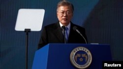 South Korean President Moon Jae-in delivers a speech during a ceremony celebrating the 99th anniversary of the March First Independence Movement against Japanese colonial rule in Seoul, South Korea, March 1, 2018.