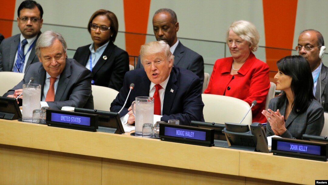 Tổng thống Hoa Kỳ Donald Trump tại một hội nghị do Hoa Kỳ tài trợ về cắt giảm chi phí và cải cách hoạt động của LHQ ngày 18/9/2017.