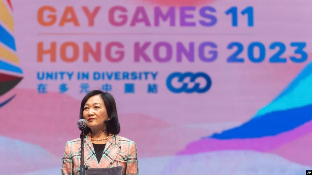 香港立法會議員葉葉淑儀於2023年11月4日於香港同樂運動會開幕典禮上致詞。 （美聯社）