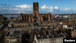 FILE - A drone view shows the Anglican Cathedral in Liverpool, Britain, Jan. 30, 2025. 