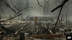 A firefighter searches for human remains in a trailer park destroyed in the Camp Fire, Friday, Nov. 16, 2018, in Paradise, California.