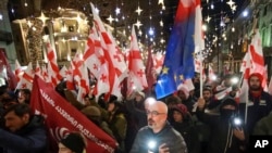 Демонстранты во время антиправительственного митинга у здания парламента в Тбилиси, 28 декабря 2024 года. (фото AP /Zurab Tsertsvadze)