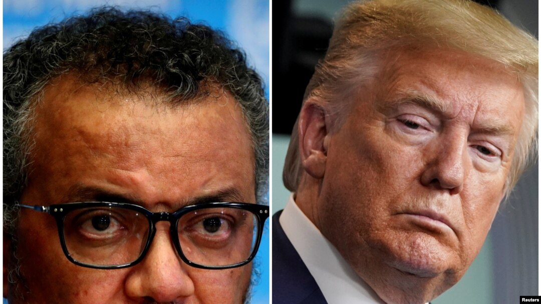 Perezida wa Reta zunze ubumwe z'Amerika Donald Trump hamwe n'umuyobozi wa OMS Tedros Adhanom
