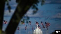 FILE - The dome of the U.S. Capitol building is seen behind a row of U.S. flags in Washington, April 10, 2020.