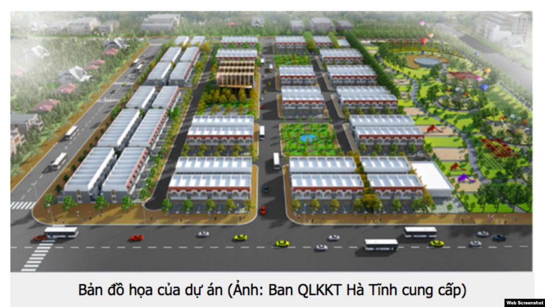 Ảnh chụp màn hình từ dantri.com.vn. Báo Dân Trí trích lời một giới chức của Ban Quản lý dự án cho biết dự án 'nhằm tạo điều kiện cho cán bộ nhân viên yên tâm làm việc lâu dài, cũng như xây dựng gia đình, dễ dàng chăm sóc người nhà, giữ người tài an cư lập nghiệp ở Hà Tĩnh'.
