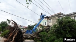 Trabajadores retiran árboles caídos sobre cables eléctricos un día después de que el huracán Rafael dejara sin servicio de electricidad al país, provocando un apagón que afectó a 10 millones de personas. La Habana, Cuba, 7 de noviembre de 2024. REUTERS/Norlys Pérez.