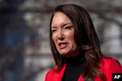 Agriculture Secretary Brooke Rollins speaks with reporters at the White House, Feb. 26, 2025, in Washington.