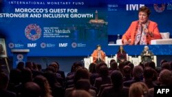 FILE - Managing Director of the IMF, Kristalina Georgieva (L), Morocco's Minister of Economy and Finance Nadia Fettah and the Governor of Morocco’s Central Bank, Abdellatif Jouahri (R) attend the annual meetings of the IMF and the World Bank, in Marrakesh on October 9, 2023. 