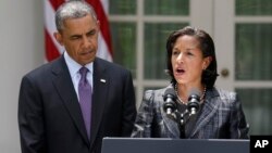 Presiden Barack Obama (kiri) saat mengumumkan penunjukan Susan Rice sebagai penasihat keamanan nasional presiden, Rabu (5/6).