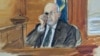 In this courtroom sketch, Salman Rushdie testifies on the witness stand, during the trial of Hadi Matar, Feb. 11, 2025 in Mayville, N.Y. showing how he was stabbed in the eye, when he was attacked in 2022. 