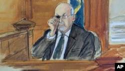 In this courtroom sketch, Salman Rushdie testifies on the witness stand, during the trial of Hadi Matar, Feb. 11, 2025 in Mayville, N.Y. showing how he was stabbed in the eye, when he was attacked in 2022. 