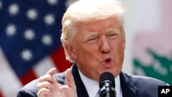 FILE - President Donald Trump speaks about the healthcare vote during a joint news conference with Lebanese Prime Minister Saad Hariri in the Rose Garden of the White House in Washington, July 25, 2017. 