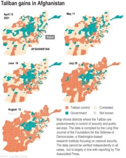 Maps show areas controlled by Taliban at selected dates each month.