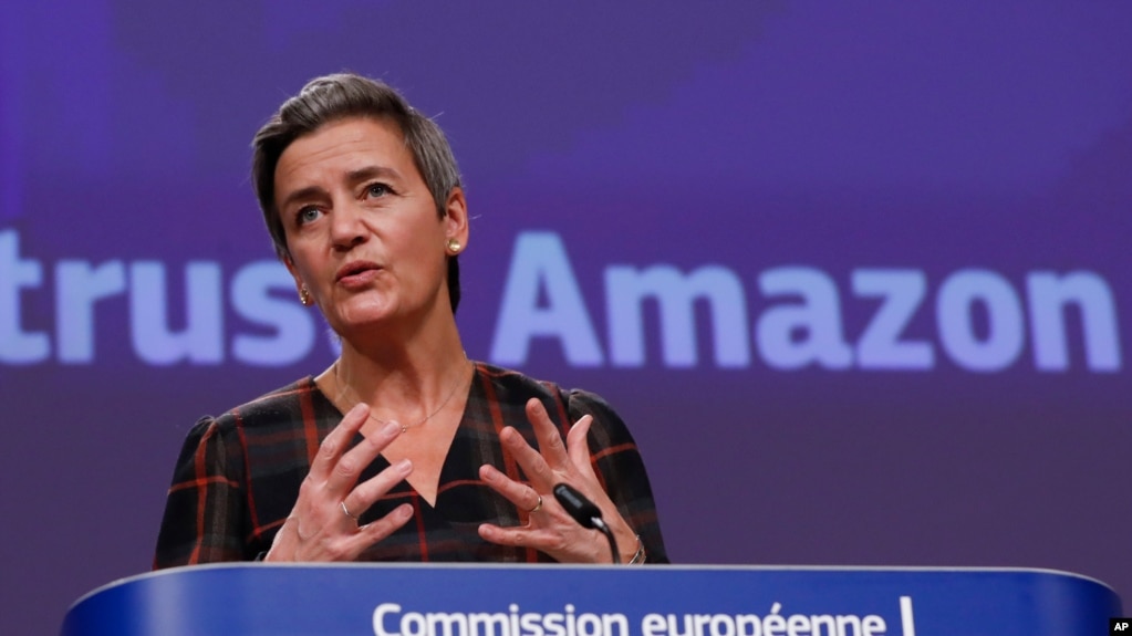 European Executive Vice-President Margrethe Vestager speaks during a press conference regarding an antitrust case with Amazon at EU headquarters in Brussels, Tuesday, Nov. 10, 2020. (Olivier Hoslet, Pool via AP)