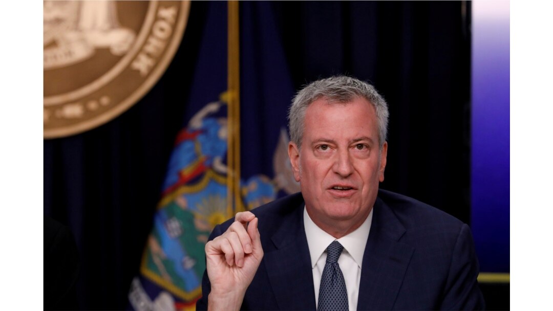 FILE - New York City Mayor Bill de Blasio is seen at a news briefing in the Manhattan borough of New York City, March 2, 2020.
