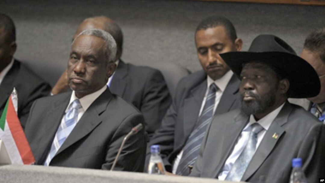 Southern Sudan leader Salva Kiir [R-front] and Sudan's 2nd Vice President Ali Osman Taha [L-front] attend the 14th Extra Ordinary Summit of the Inter-Governmental Authority Heads of State and Government at the Kenyatta International Conference Centre in N