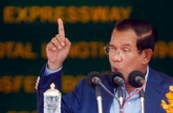FILE - Cambodia's Prime Minister Hun Sen delivers a speech during a ceremony in Kampong Speu province, south of Phnom Penh, Cambodia, March 22, 2019.