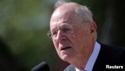 Supreme Court Associate Justice Anthony Kennedy speaks during a swearing-in ceremony for Judge Neil Gorsuch as an associate justice of the Supreme Court in the Rose Garden of the White House in Washington, April 10, 2017. 