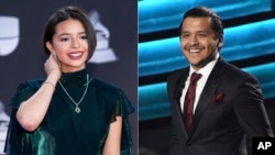 ARCHIVO - En esta combinación de fotografías Ángela Aguilar, izquierda, y Christian Nodal en la 20ª entrega de los Latin Grammy el jueves 14 de noviembre de 2019 en la MGM Grand Garden Arena en Las Vegas. Nodal y Aguilar se casaron el 24 de julio de 2024.