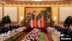 美国总统特朗普在北京人民大会堂与中国国家主席习近平举行双边扩大会议。(2026年5月14日)