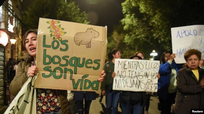 Ambientalistas y ciudadanos marchan en La Paz, Bolivia, para pedir al gobierno que declare una situación de desastre debido a incendios forestales y sequías, el 13 de noviembre de 2023.