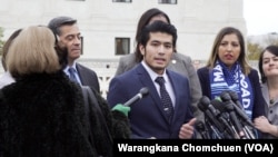 Jirayuth Latthivongskorn, a DACA recipient, speaks to the press after the Supreme Court's hearing