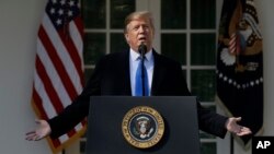 President Donald Trump speaks in the Rose Garden at the White House to declare a national emergency in order to build a wall along the southern border, Friday, Feb. 15, 2019, in Washington. (AP Photo/ Evan Vucci)