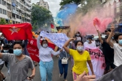 Students protest against the February military takeover by the State Administration Council as they march at Kyauktada township in Yangon, Myanmar on Wednesday July 7, 2021. (AP)