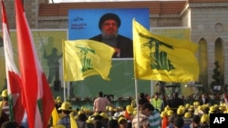 El líder de Hezbolá, Sheik Hassan Nasrallah, dio un discurso a sus seguidores en el sur del Libáno desde un lugar secreto en mayo.