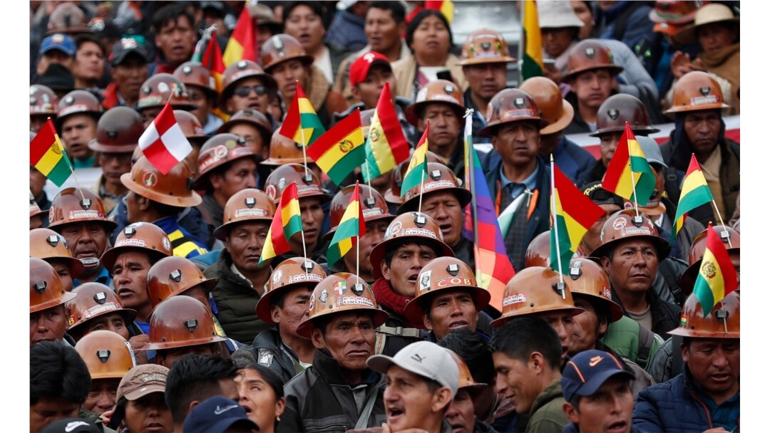 Supporters of Bolivian President Evo Morales march to show their support of his apparent reelection in La Paz, Bolivia, Nov. 5, 2019.