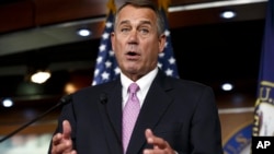 FILE - In this Feb. 6, 2014 file photo, House Speaker John Boehner of Ohio speaks during a news conference on Capitol Hill in Washington.