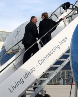 Secretary of State Mike Pompeo and wife Susan Pompeo departing Munich for Senegal, Feb. 15, 2020.