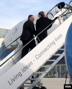 Secretary of State Mike Pompeo and his wife Susan Pompeo departing Munich for Senegal.