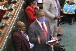 Lawmaker Settlement Chikwinya, center, is seen in parliament in Harare, Zimbabwe, Dec. 9, 2020. (Columbus Mavhunga/VOA)
