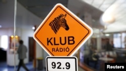 The logo of the opposition radio-station Klubradio is seen at its headquarters in Budapest, Hungary, Feb. 9, 2021. 