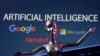FILE PHOTO: Illustration shows Google, Microsoft and Alphabet logos and AI Artificial Intelligence words