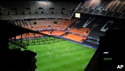 FILE - General view of the Mestalla stadium during the Champions League round of 16 second leg soccer match between Valencia and Atalanta in Valencia, Spain, March 10, 2020. 