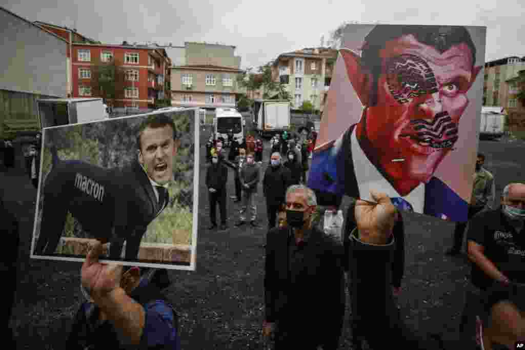 Warga Turki membawa poster dengan karikatur Presiden Perancis Emmanuel Macron, dalam aksi protes pernyataan Macron yang dinilai menghina Islam di Istanbul, Turki Jumat, 30 Oktober 2020. (foto: AP) 