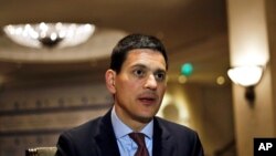 David Miliband, President and CEO of the International Rescue Committee, speaks during an interview with The Associated Press at the Phoenicia Hotel in Beirut, Lebanon, March 6, 2017.
