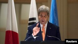 U.S. Secretary of State John Kerry speaks at an event on human rights in North Korea in advance of the United Nations General Assembly in New York September 23, 2014. 