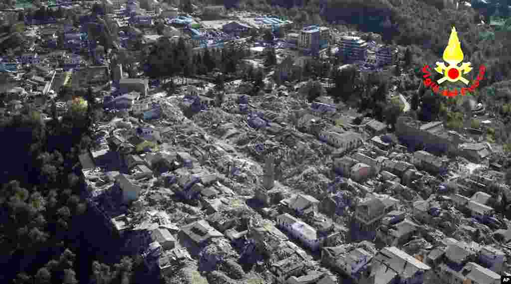 An aerial view of the destroyed hilltop town of Amatrice after an earthquake with a preliminary magnitude of 6.6 struck central Italy, Oct. 30, 2016. A powerful earthquake rocked the same area of central and southern Italy hit by quake in August and a pair of aftershocks last week, sending already quake-damaged buildings crumbling after a week of temblors that have left thousands homeless.&nbsp;